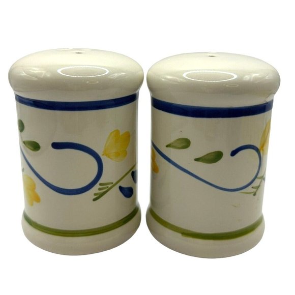 Vintage Ceramic Salt and Pepper Shakers White Glass Floral Blue Orange Green 4" - Picture 3 of 9